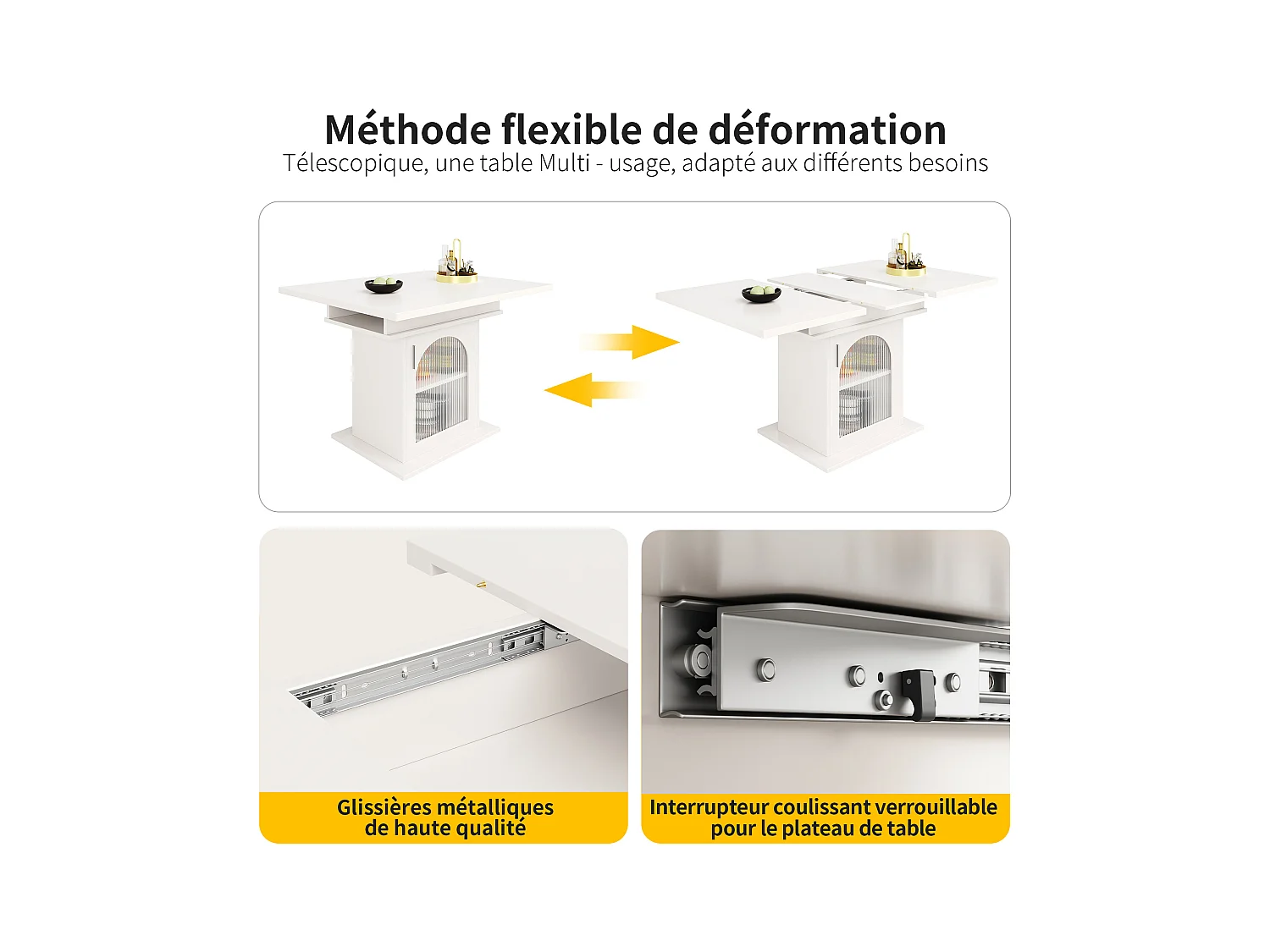 URBAN MEUBLE Table de salle à manger extensible blanche avec espace de rangement et verre 110-140*70cm