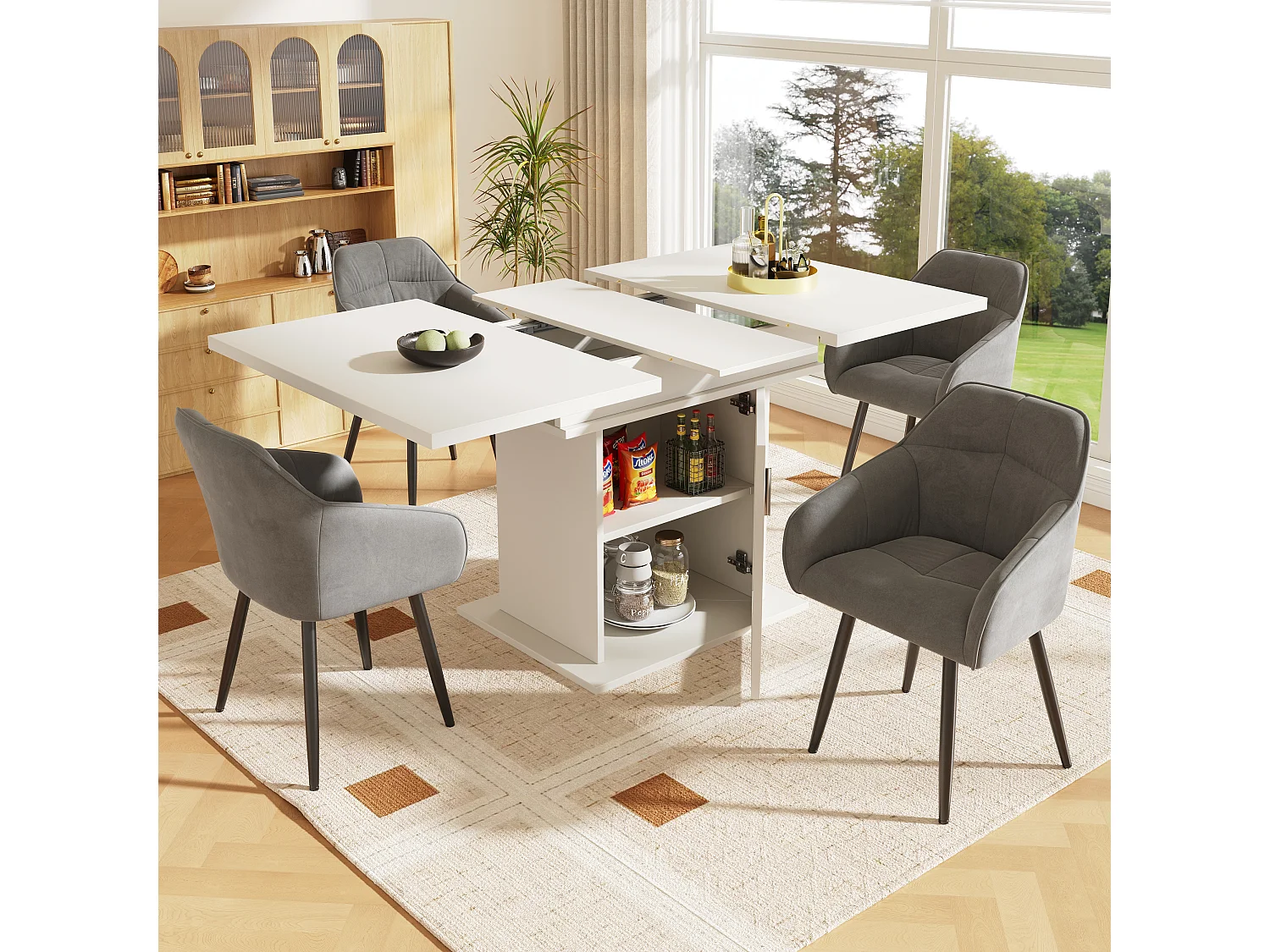 URBAN MEUBLE Table de salle à manger extensible blanche avec espace de rangement et verre 110-140*70cm