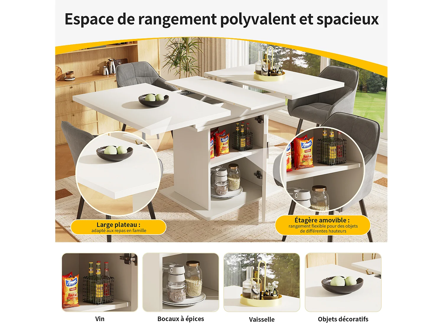 URBAN MEUBLE Table de salle à manger extensible blanche avec espace de rangement et verre 110-140*70cm