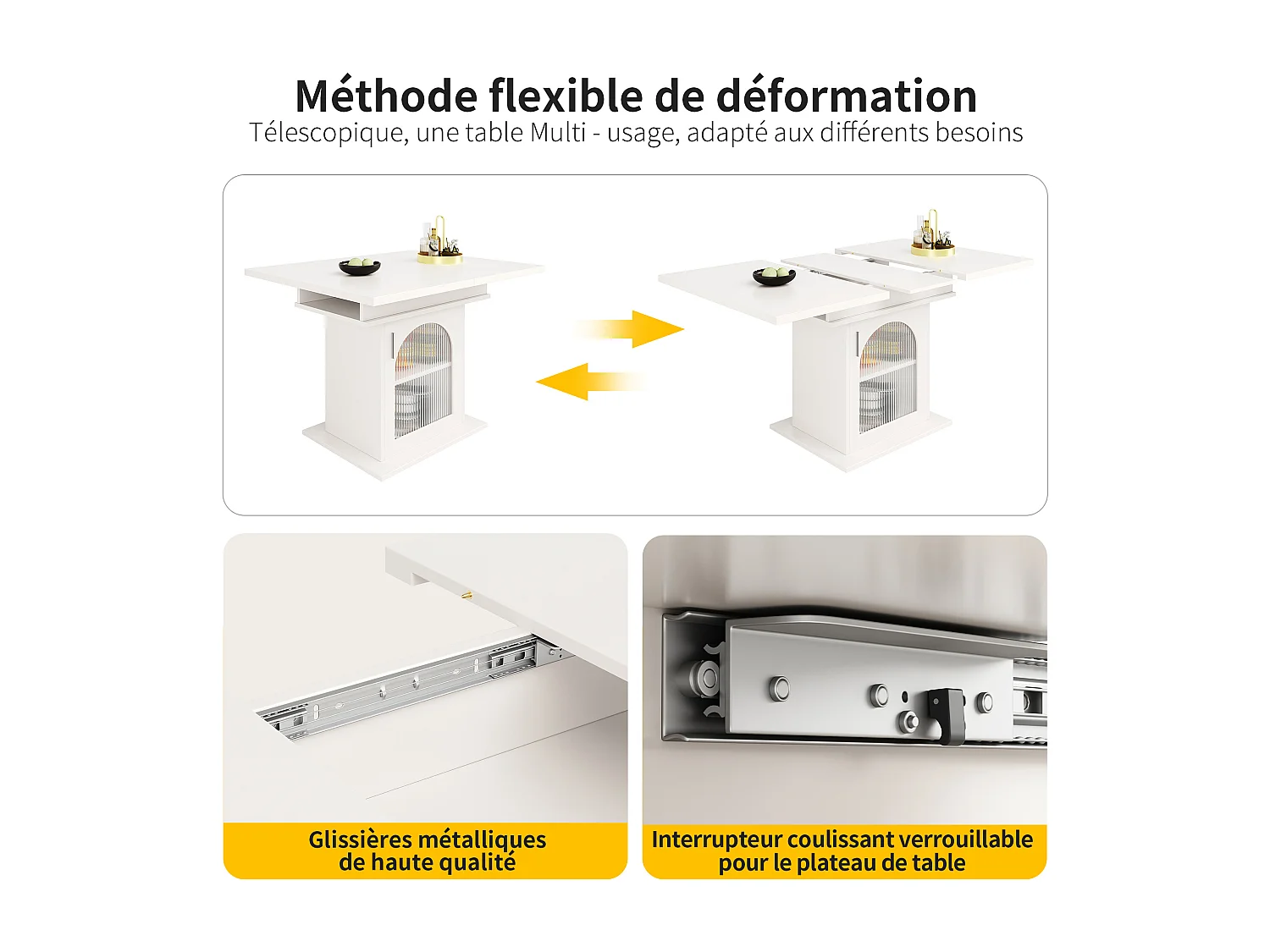URBAN MEUBLE Table de salle à manger extensible blanche avec espace de rangement et verre 110-140*70cm