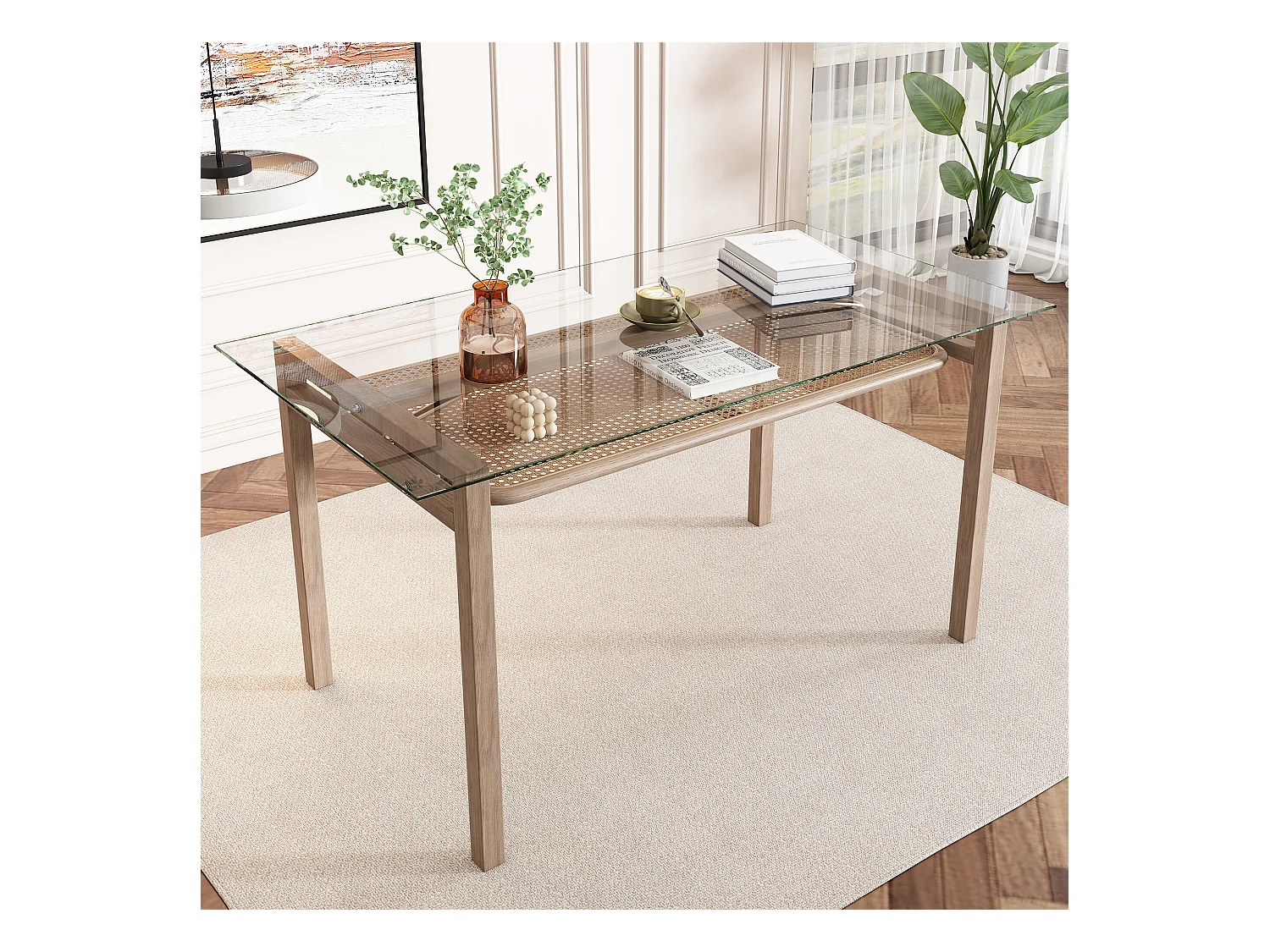 URBAN MEUBLE Table de salle à manger rectangulaire verre trempé avec rangement en rotin beige 110 x 65 x 74 cm