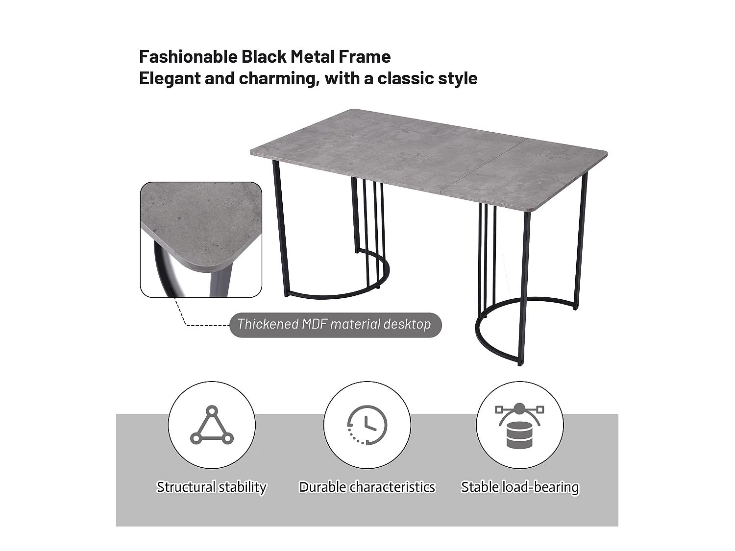 URBAN MEUBLE Table de salle à manger rectangulaire moderne effet marbre gris pieds métalliques noirs 140 x 80 cm