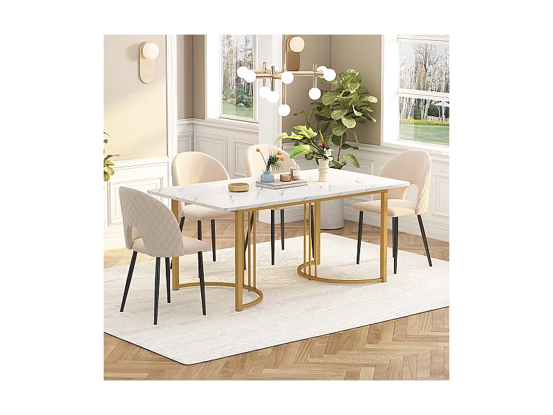 URBAN MEUBLE Table de salle à manger rectangulaire moderne en motif marbre blanc pieds dorés 140x80 cm
