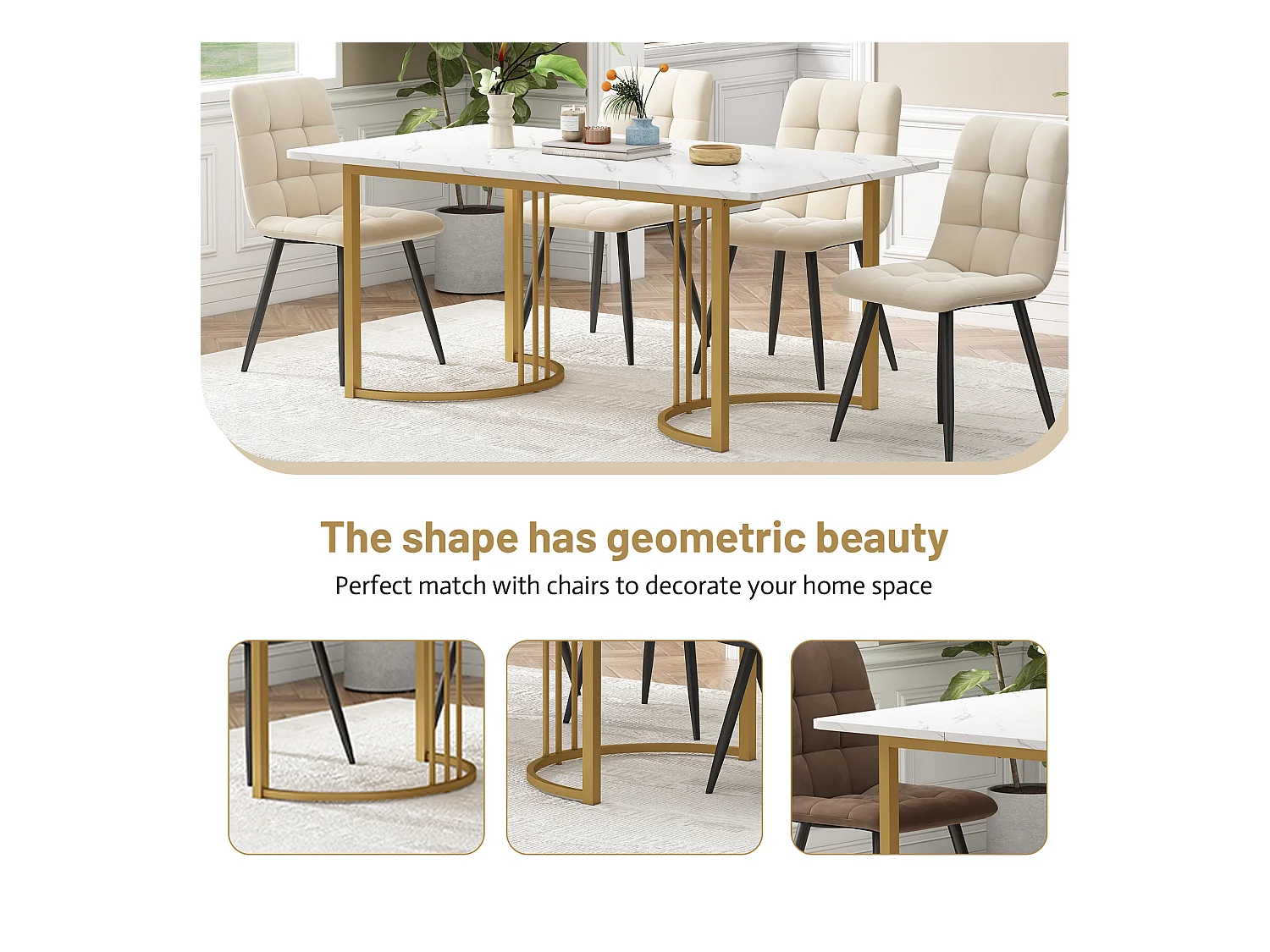 URBAN MEUBLE Table de salle à manger rectangulaire moderne en motif marbre blanc pieds dorés 140x80 cm