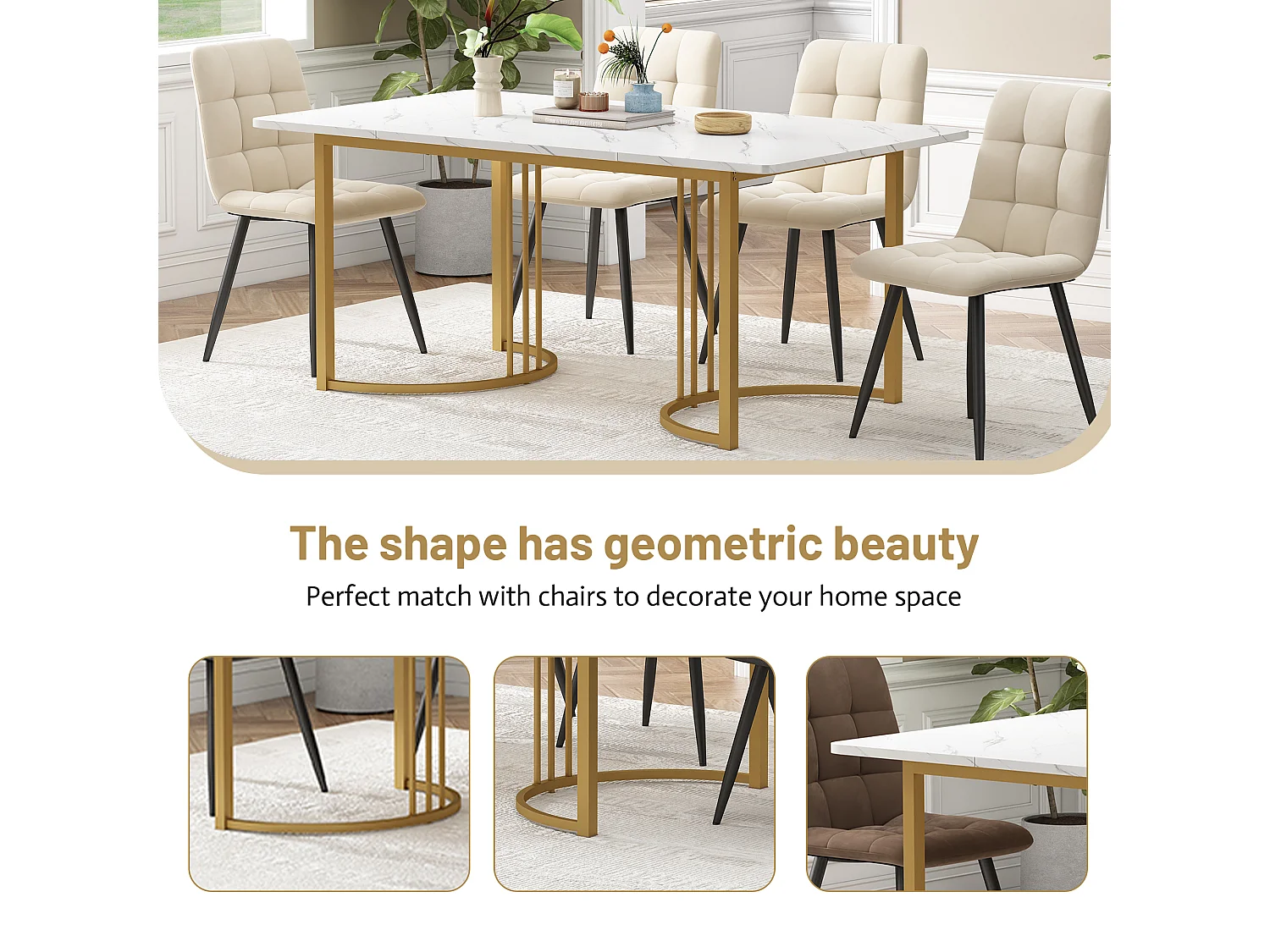 URBAN MEUBLE Table de salle à manger rectangulaire moderne en motif marbre blanc pieds dorés 140x80 cm