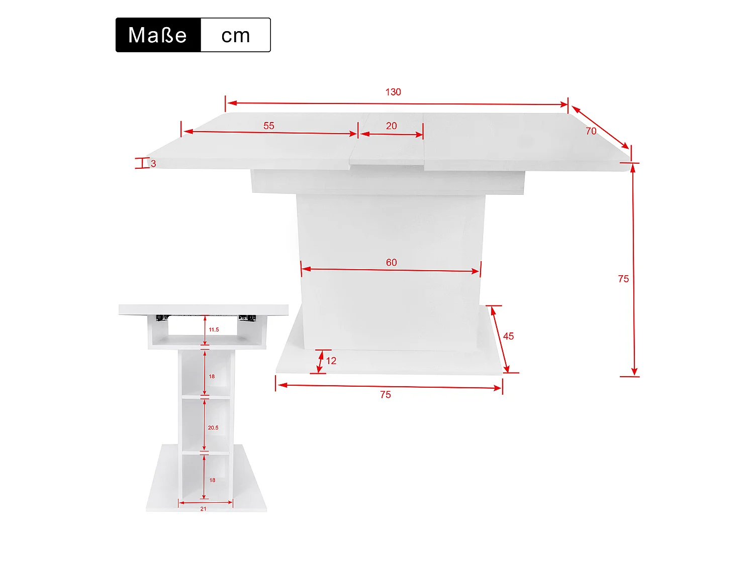 URBAN MEUBLE Table à manger rectangulaire extensible avec rangement multifonctionnelle blanc