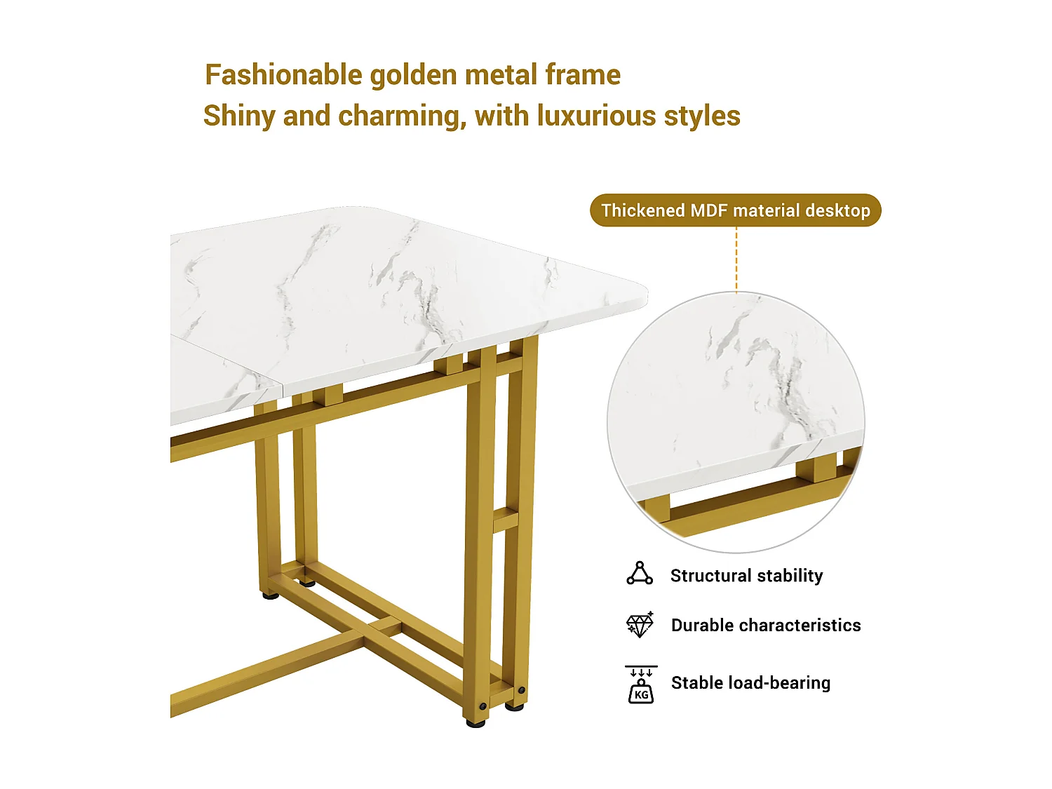 URBAN MEUBLE Table à mange rectangulaire moderne effet marbre blanc pieds dorés 120x70cm