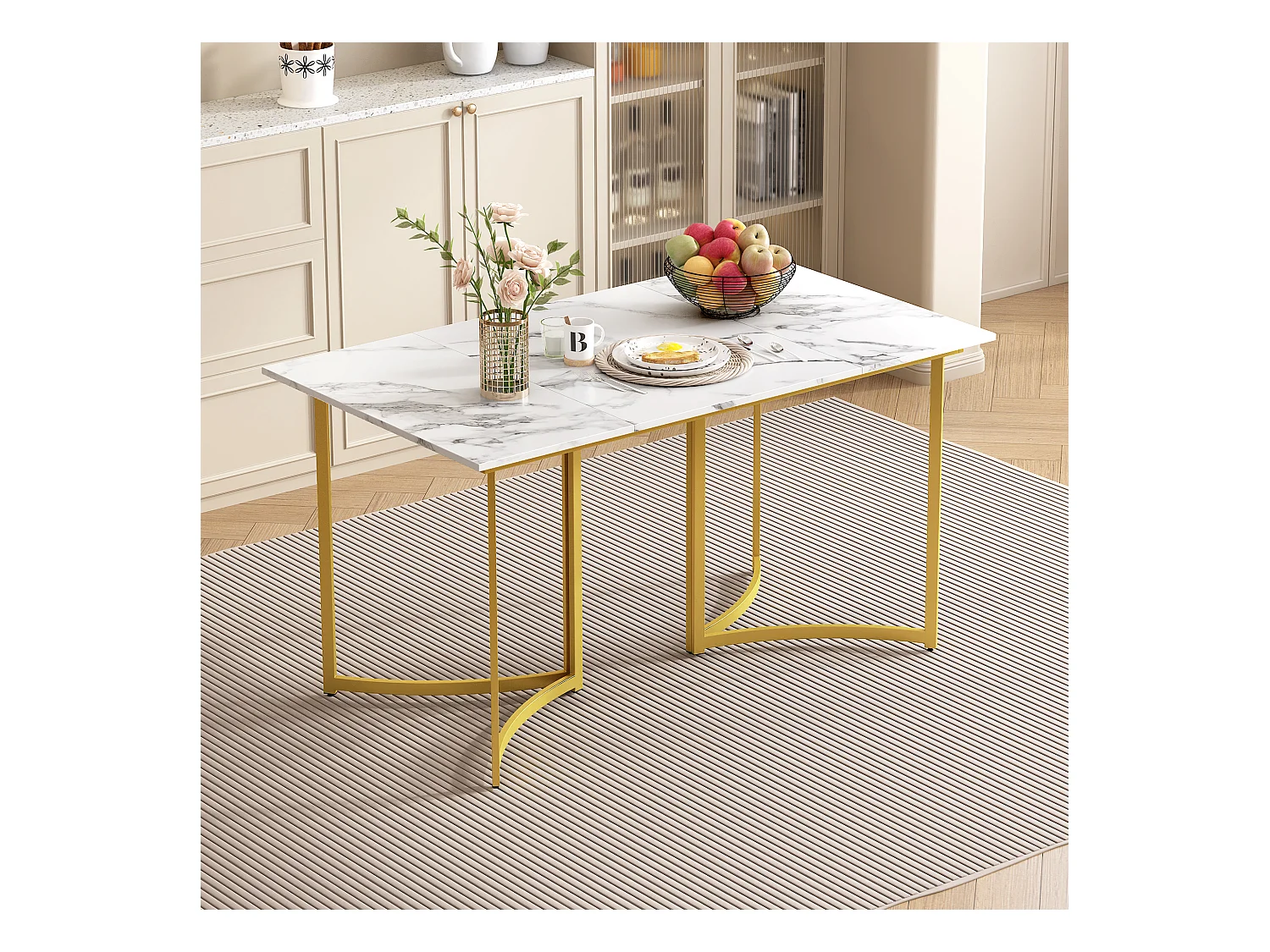 URBAN MEUBLE Table de salle à manger moderne effet marbre blanc et pieds incurvés dorés 140*80cm