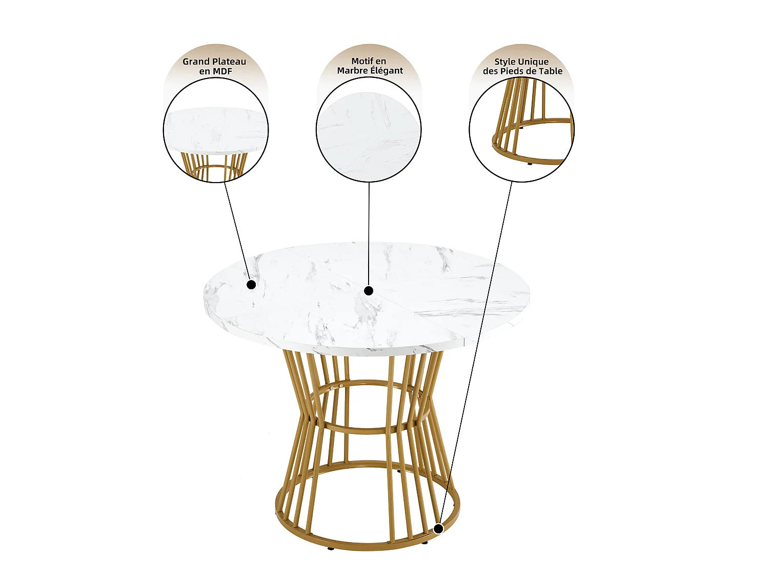 URBAN MEUBLE Table de salle à manger ronde effet marbre moderne pieds dorés 100*100cm
