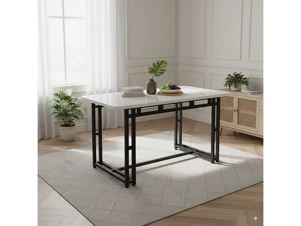 URBAN MEUBLE Table à mange rectangulaire moderne effet marbre blanc pieds noirs 120x70cm