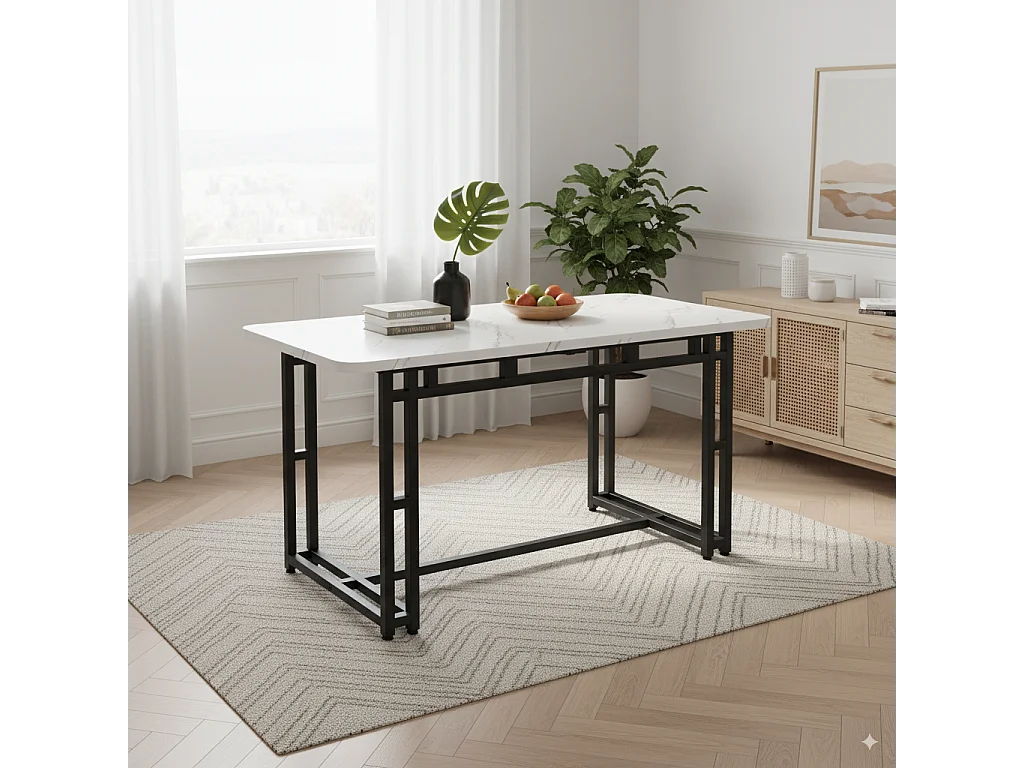 URBAN MEUBLE Table à mange rectangulaire moderne effet marbre blanc pieds noirs 120x70cm