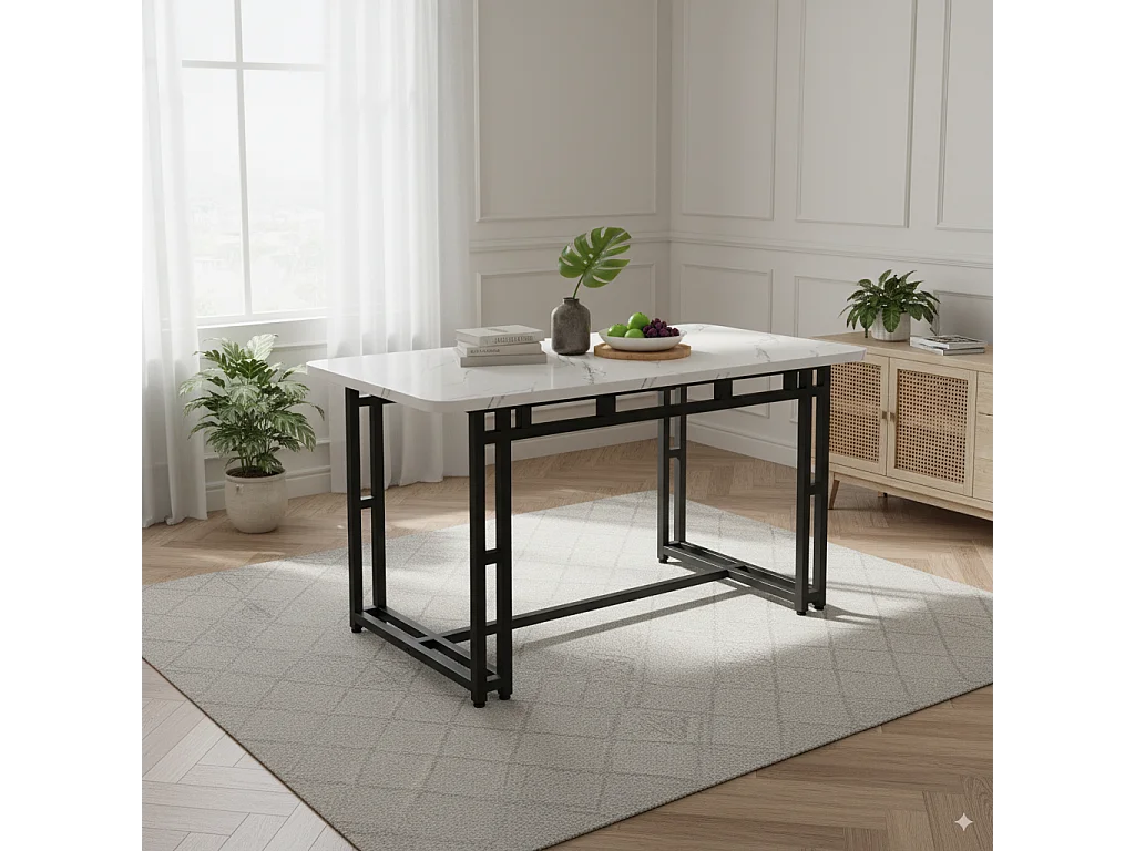 URBAN MEUBLE Table à mange rectangulaire moderne effet marbre blanc pieds noirs 120x70cm