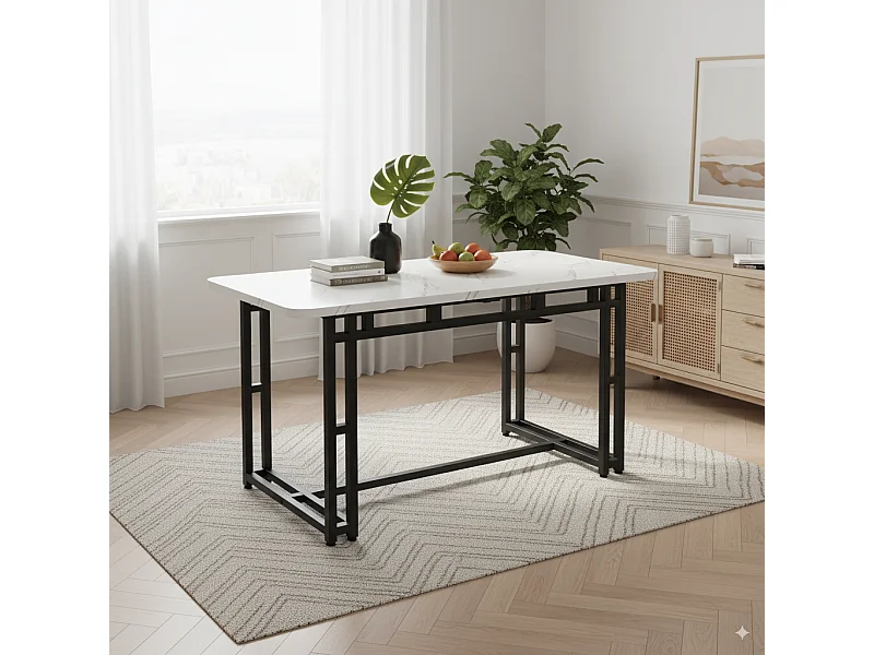 URBAN MEUBLE Table à mange rectangulaire moderne effet marbre blanc pieds noirs 120x70cm