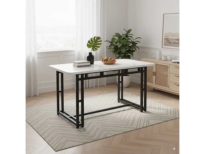 URBAN MEUBLE Table à mange rectangulaire moderne effet marbre blanc pieds noirs 120x70cm