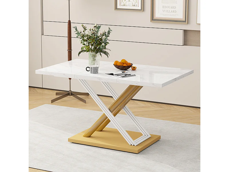URBAN MEUBLE Table de salle à manger effet marbre blanc pieds X formes dorés 140*80cm