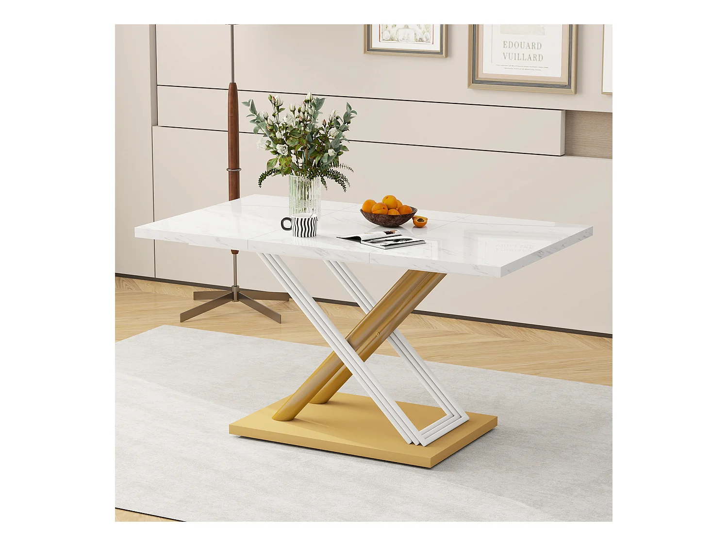 URBAN MEUBLE Table de salle à manger effet marbre blanc pieds X formes dorés 140*80cm