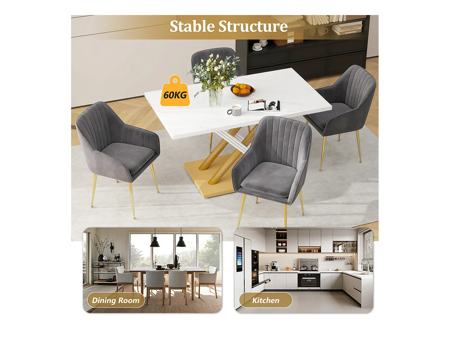 URBAN MEUBLE Table de salle à manger effet marbre blanc pieds X formes dorés 140*80cm