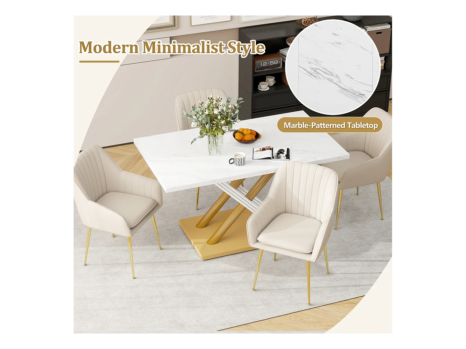 URBAN MEUBLE Table de salle à manger effet marbre blanc pieds X formes dorés 140*80cm