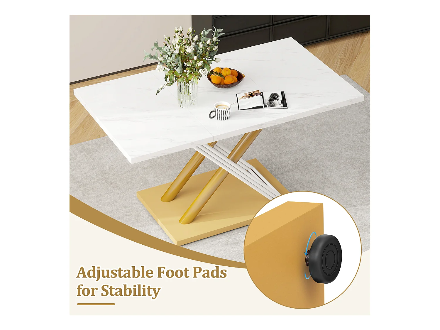 URBAN MEUBLE Table de salle à manger effet marbre blanc pieds X formes dorés 140*80cm