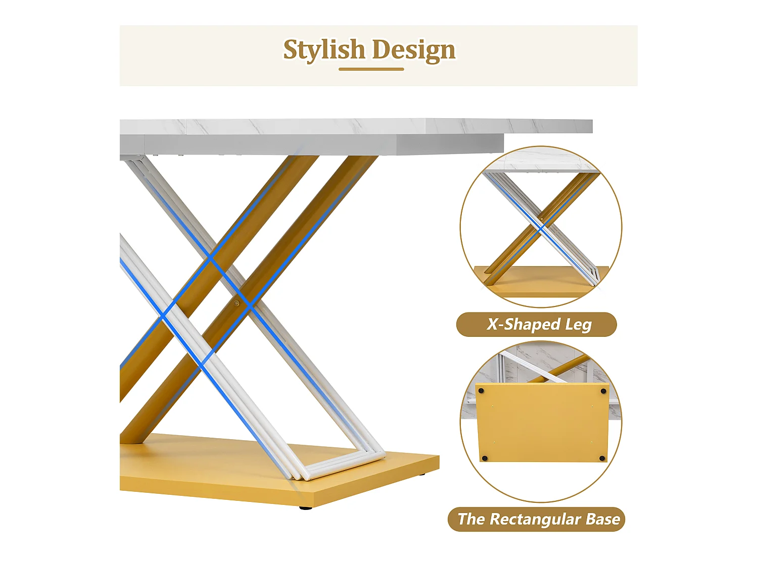URBAN MEUBLE Table de salle à manger effet marbre blanc pieds X formes dorés 140*80cm