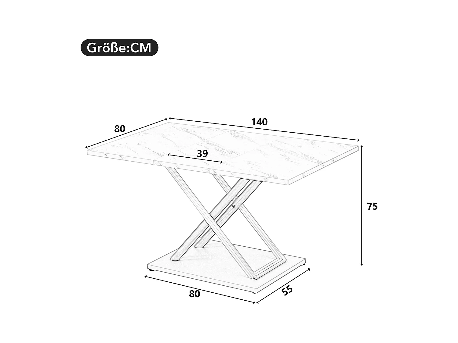 URBAN MEUBLE Table de salle à manger effet marbre blanc pieds X formes dorés 140*80cm