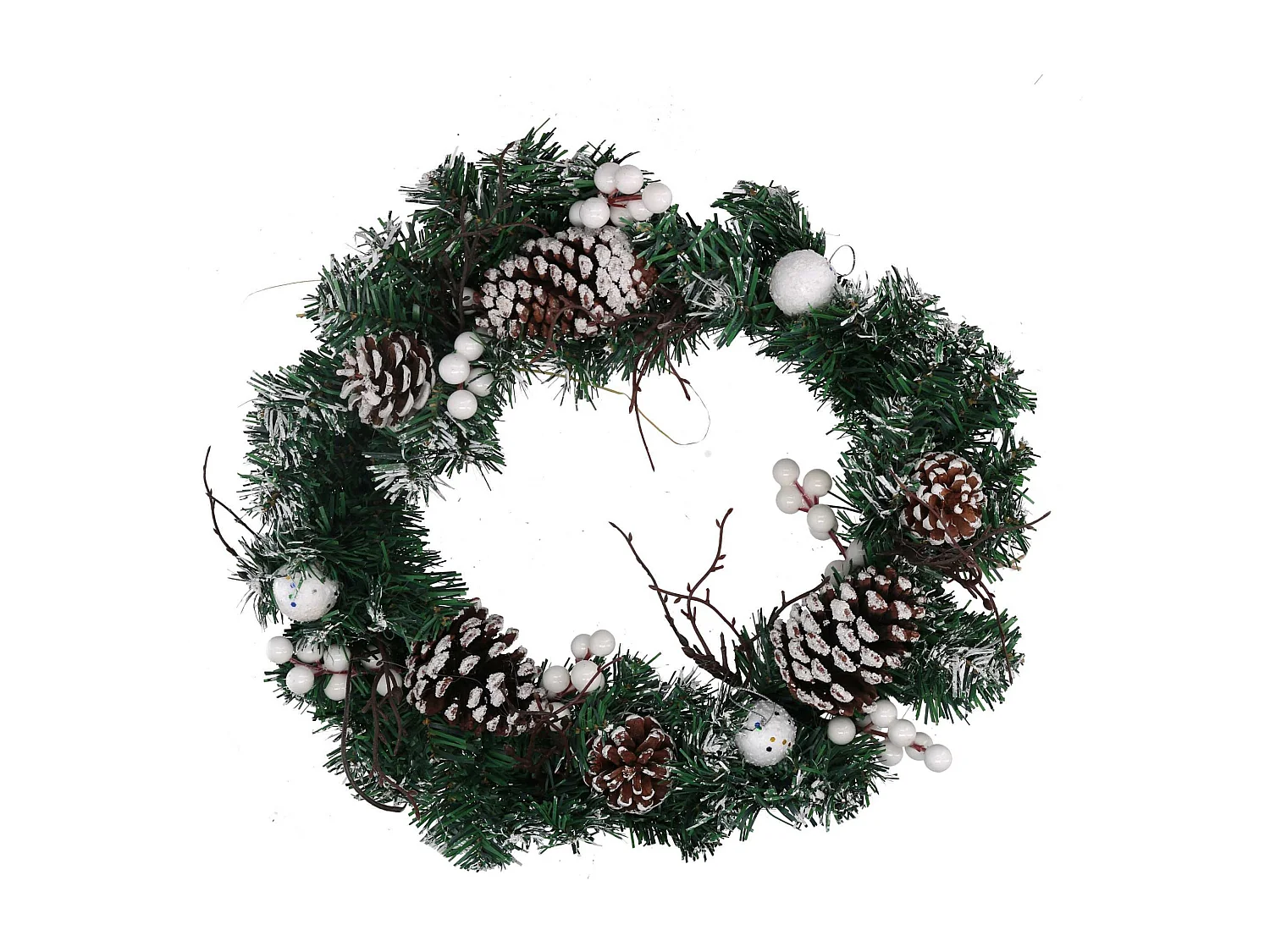 Coroncina plastica con pigne e palline bianco verde cm ø40x9