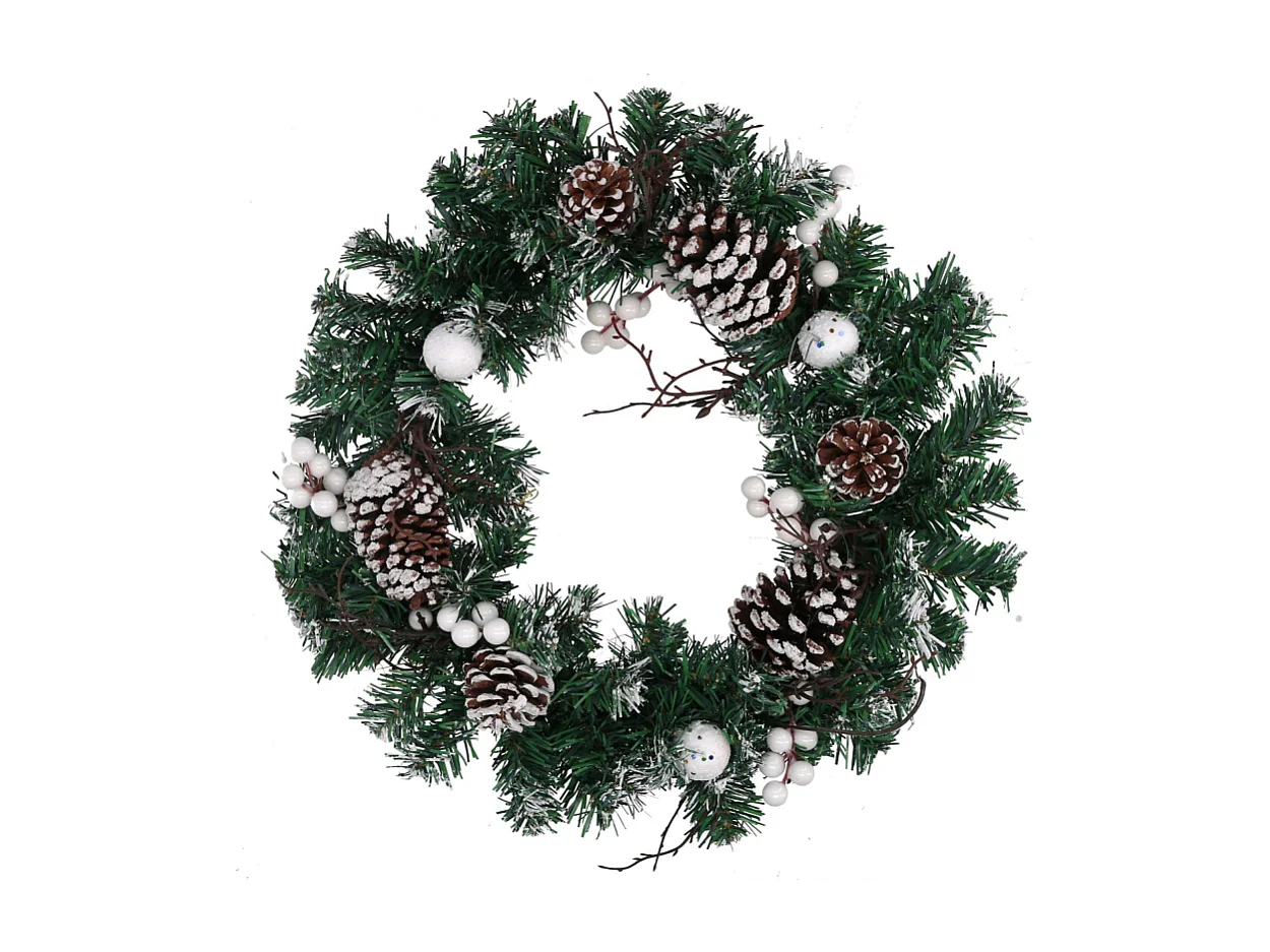 Coroncina plastica con pigne e palline bianco verde cm ø40x9