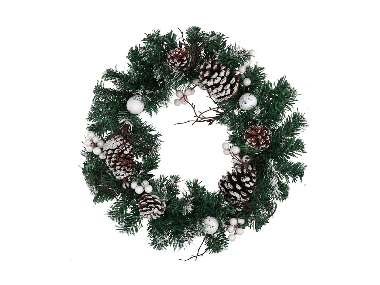 Coroncina plastica con pigne e palline bianco verde cm ø40x9