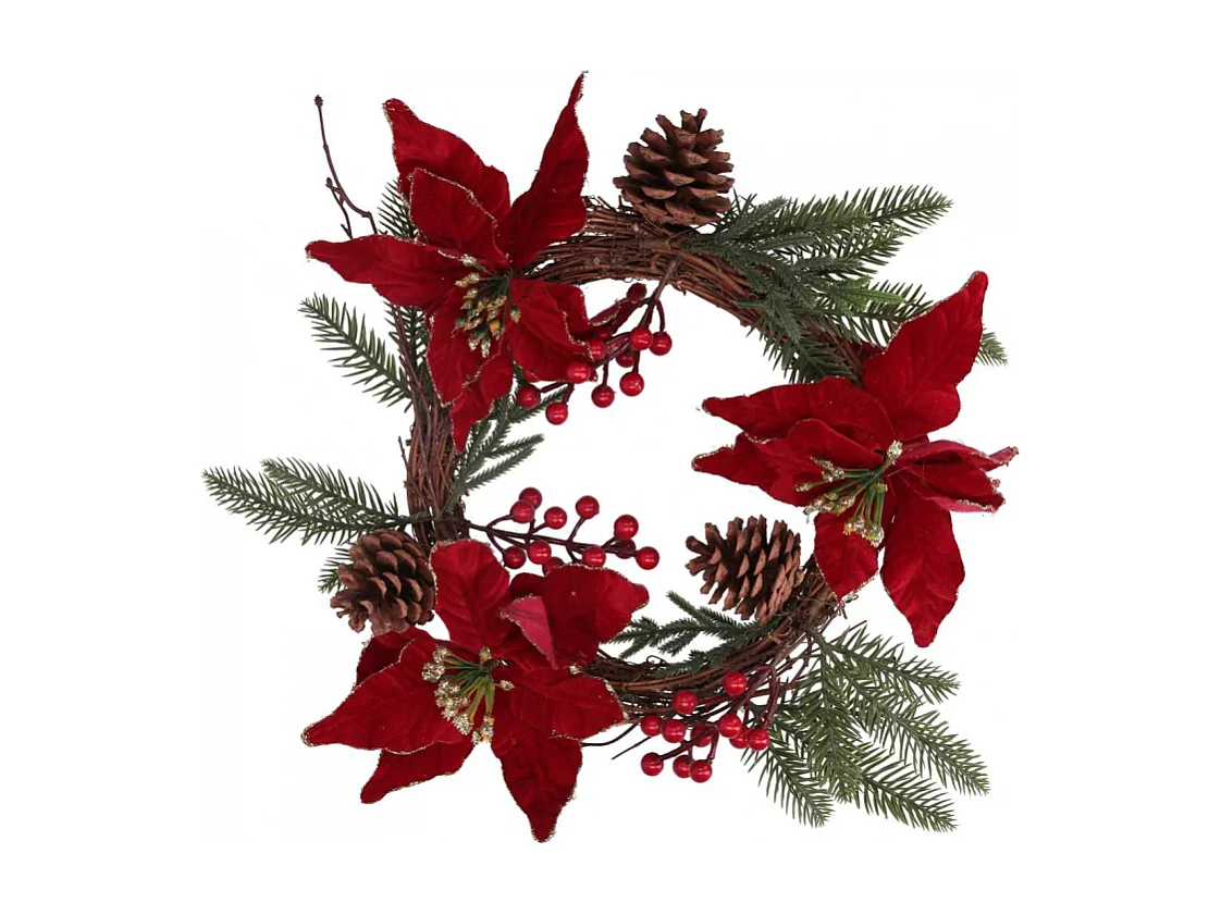 Coroncina fiori pigne rosso oro tondo cm ø50x10