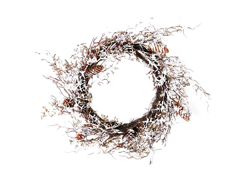 Coroncina plastica pino innevata con pigne cm 60x60h13