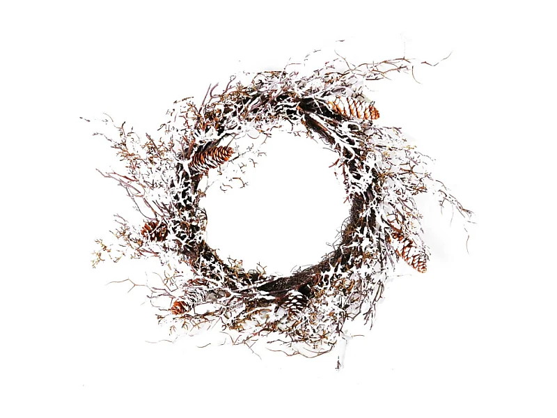 Coroncina plastica pino innevata con pigne cm 60x60h13