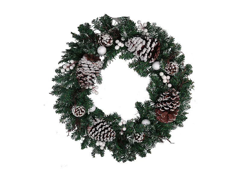 Coroncina plastica con pigne e palline bianco verde cm ø50x10