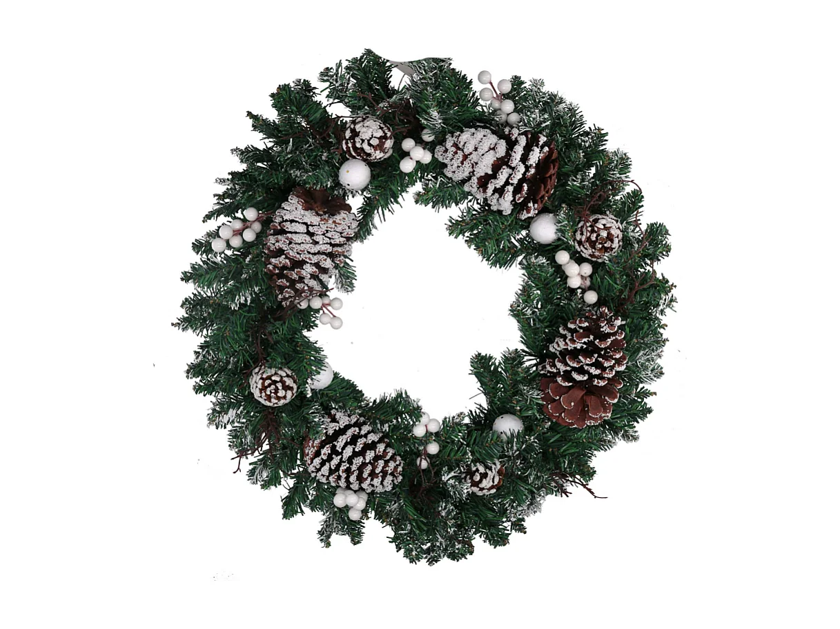 Coroncina plastica con pigne e palline bianco verde cm ø50x10