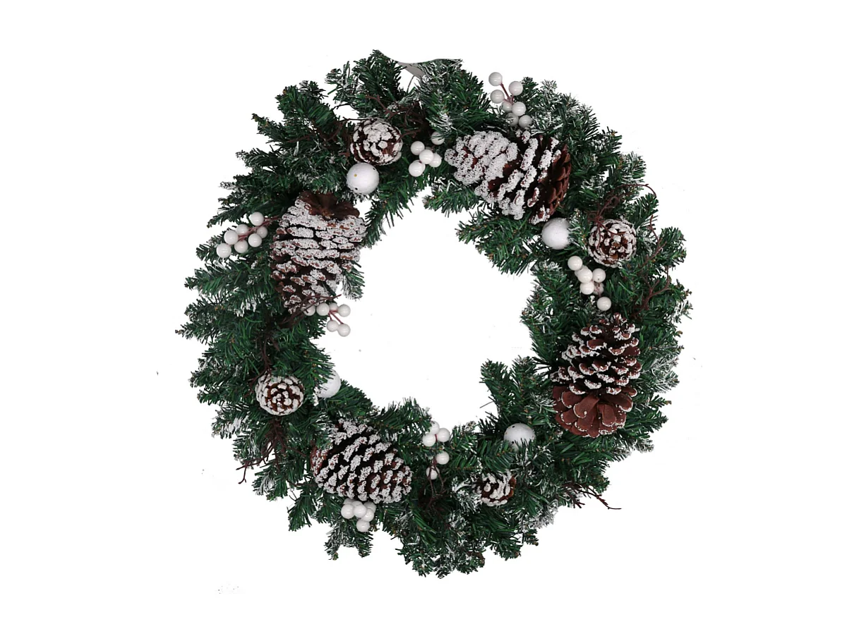 Coroncina plastica con pigne e palline bianco verde cm ø50x10