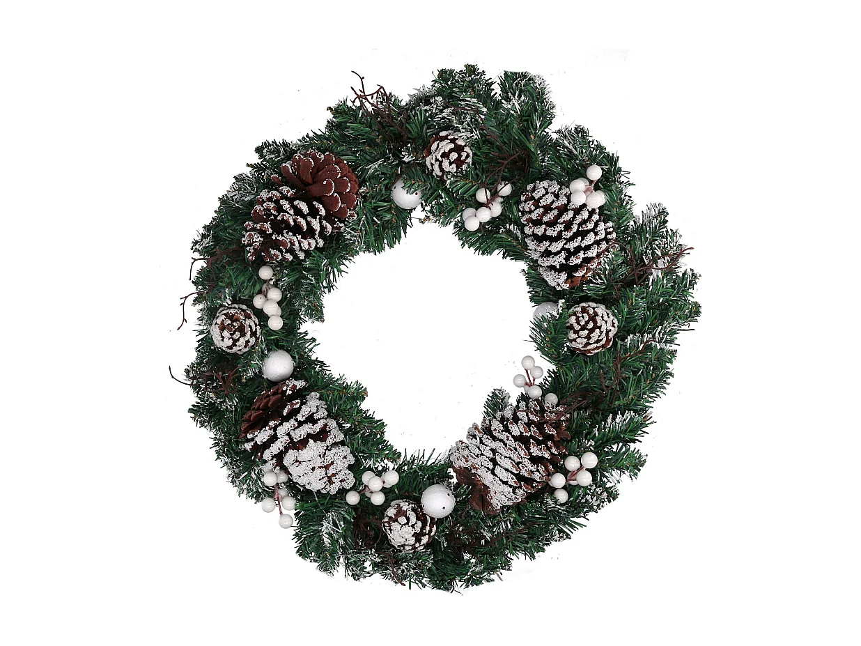 Coroncina plastica con pigne e palline bianco verde cm ø50x10