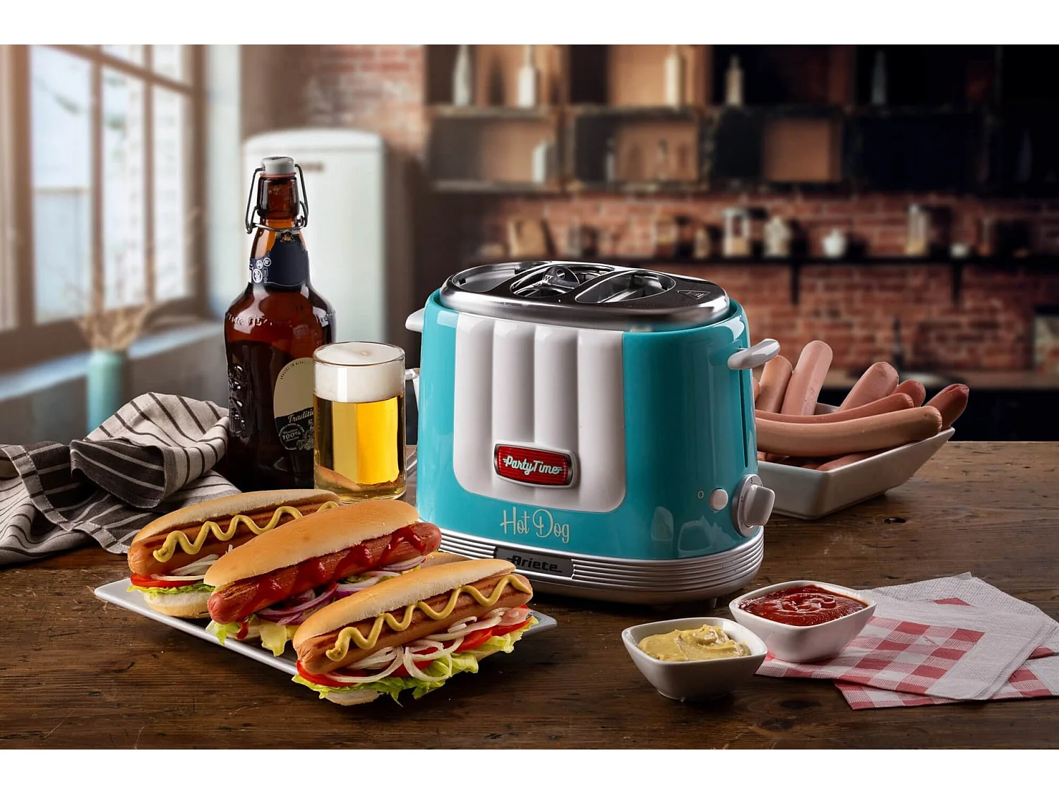 Macchina per Hot Dog 650W, 4 spazi di cottura, 5 livelli di cottura, espulsione automatica - Azzurro