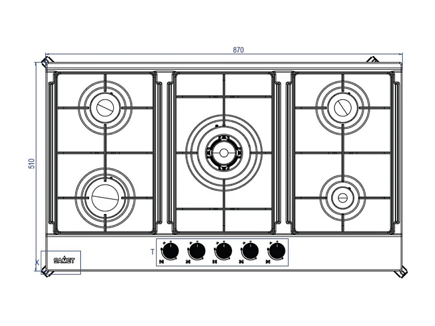 Piano cottura Samet Apollo 2 a gas da incasso 5 fuochi 90 cm. in acciaio inox