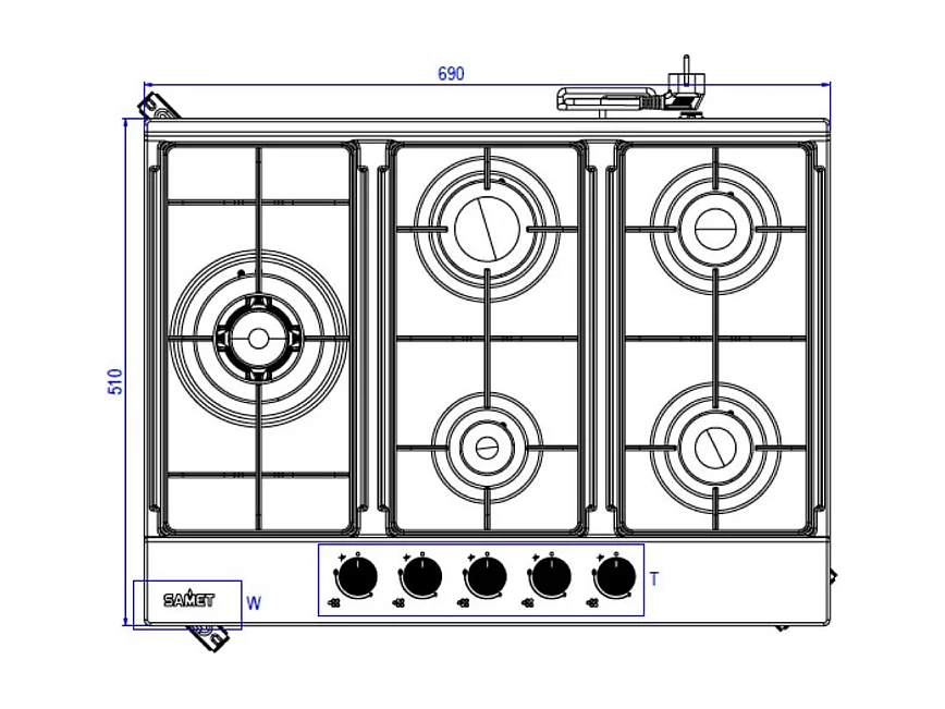 Piano cottura Ercole 2 a gas da incasso 5 fuochi 70 cm. in acciaio inox