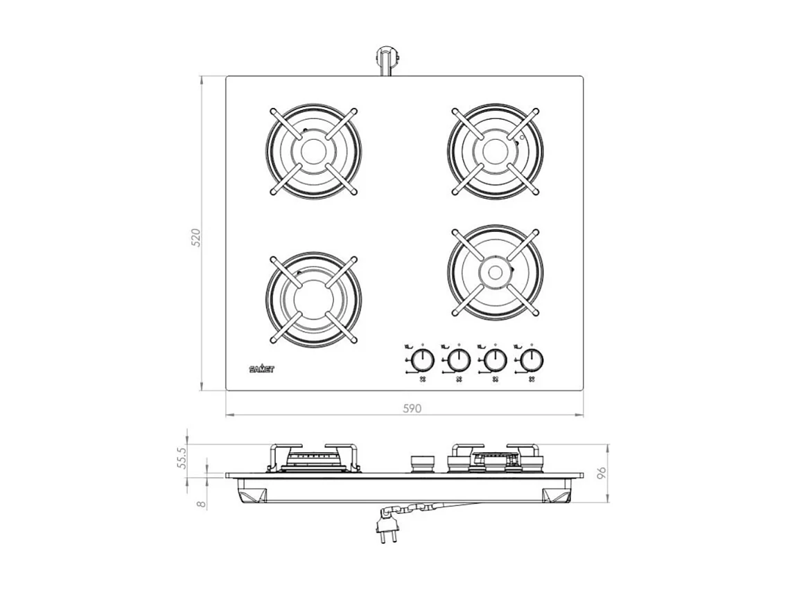 Piano cottura Samet Venere 60 da incasso a gas 4 fuochi con manopole nere e vetro bianco