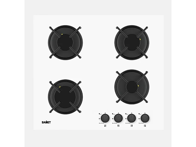 Piano cottura Samet Venere 60 da incasso a gas 4 fuochi con manopole nere e vetro bianco