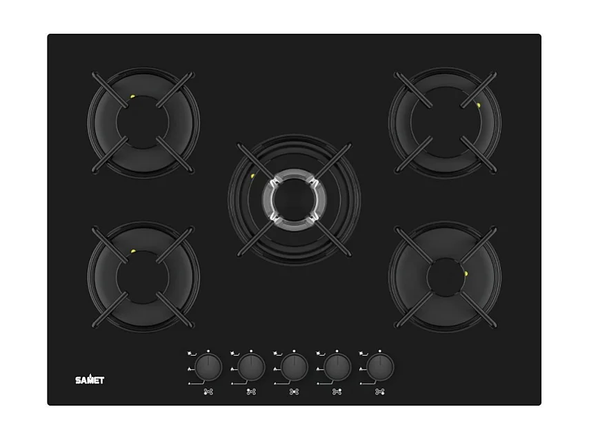 Piano cottura Samet Minerva 70 da incasso a gas 5 fuochi con manopole nere in vetro nero