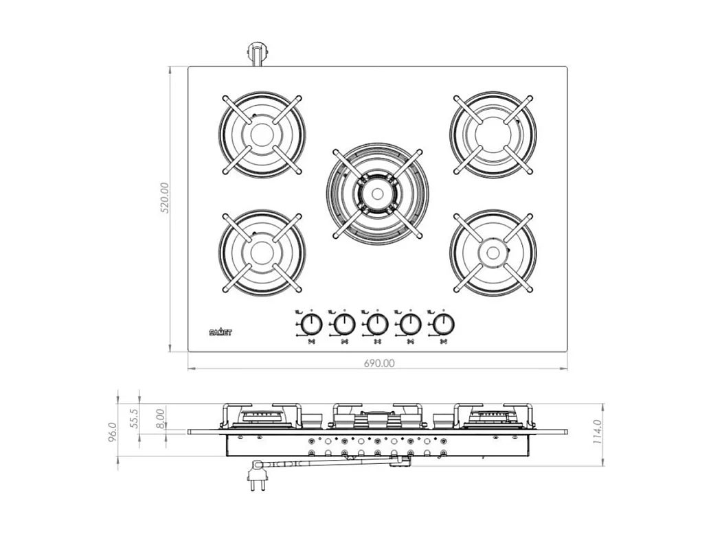 Piano cottura Samet Minerva 70 da incasso a gas 5 fuochi con manopole nere in vetro nero