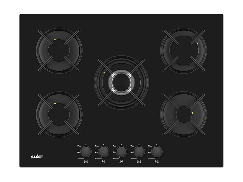 Piano cottura Samet Minerva 70 da incasso a gas 5 fuochi con manopole nere in vetro nero