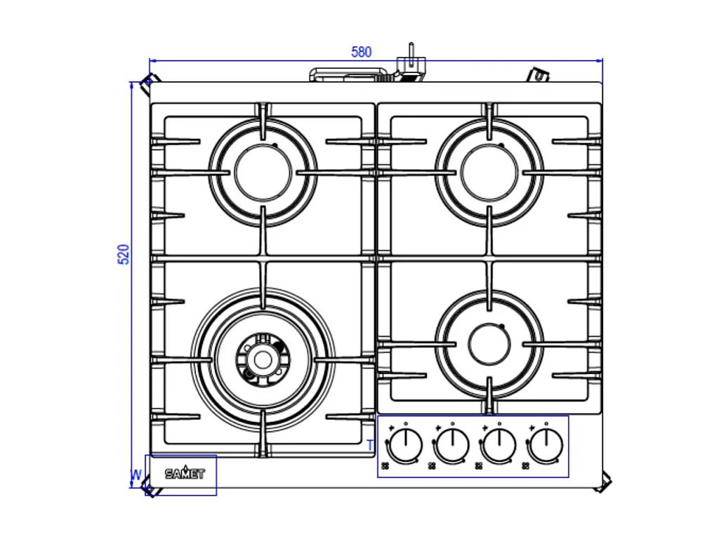 Piano cottura Samet Zacinto 60 a gas da incasso 4 fuochi 60 cm. in vetro temperato satinato opaco nero