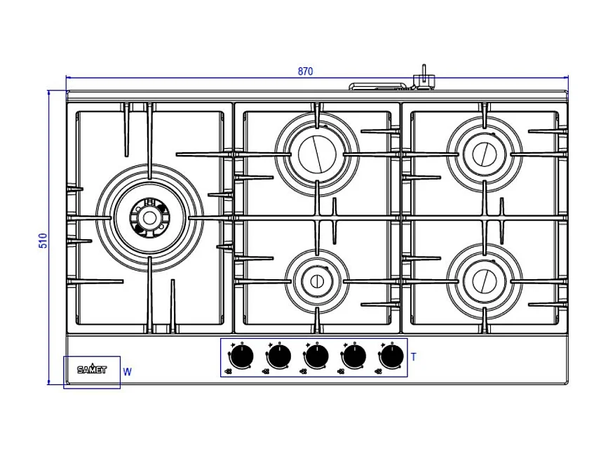 Piano cottura Samet Nettuno a gas da incasso 5 fuochi 90 cm. in acciaio