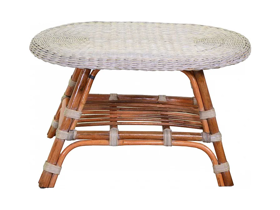 Tavolino rattan lucrezia sbiancato gambe miele ovale cm 74x52h45