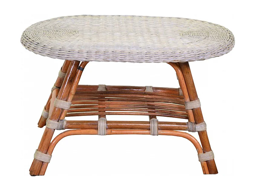 Tavolino rattan lucrezia sbiancato gambe miele ovale cm 74x52h45