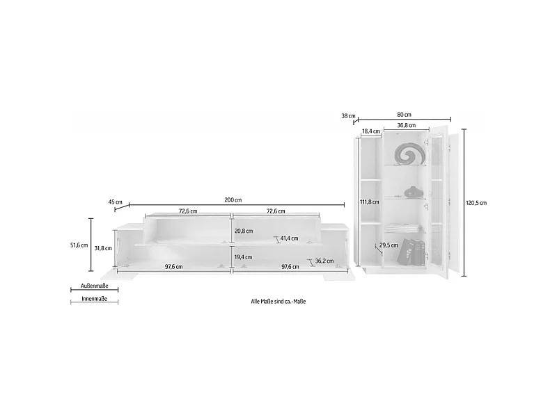 Set Soggiorno Coro 200 – Mobile + Vetrina – Bianco e Cemento