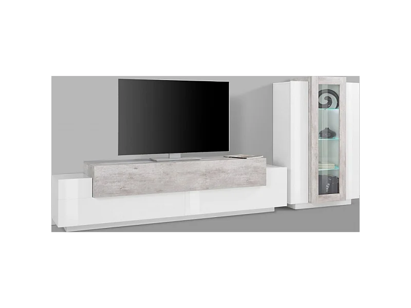 Set Soggiorno Coro 200 – Mobile + Vetrina – Bianco e Cemento