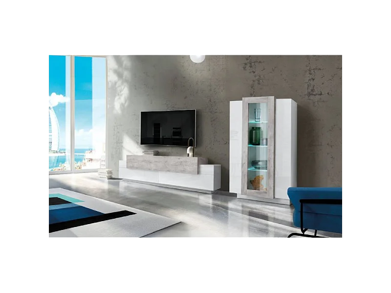 Set Soggiorno Coro 200 – Mobile + Vetrina – Bianco e Cemento